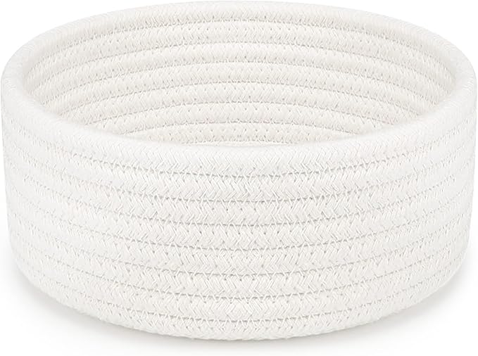 ABenkle Small Woven Basket, Empty Tiny Shallow Storage Basket, Mini Cotton Rope Baskets, Round Decorative Hamper, Basket Storage Bins for Toys, Spa, Socks, Nursery, Living Room- White