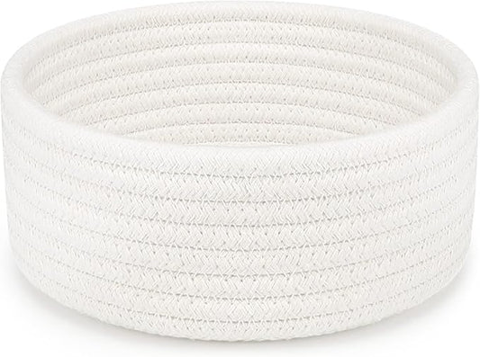 ABenkle Small Woven Basket, Empty Tiny Shallow Storage Basket, Mini Cotton Rope Baskets, Round Decorative Hamper, Basket Storage Bins for Toys, Spa, Socks, Nursery, Living Room- White