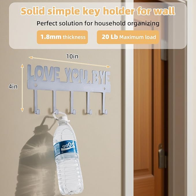 5-Hook Adhesive Wall Mount Key Holder,No-Drill Easy Install Key Hanger for Door, Kitchen, Entryway, 10x4 Inches,Silver