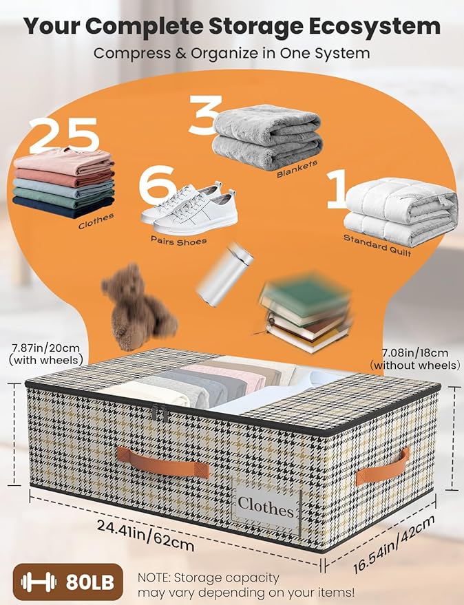 2-Pack Under Bed Storage Bins with Wheels and 4 Vacuum Seal Bags, Heavy Duty 80lbs Capacity,7.9 Inch Clear Lid Organizer for Dorm Bedroom Clothes Shoes Toys,Quick Assembly Space Saver Houndstooth