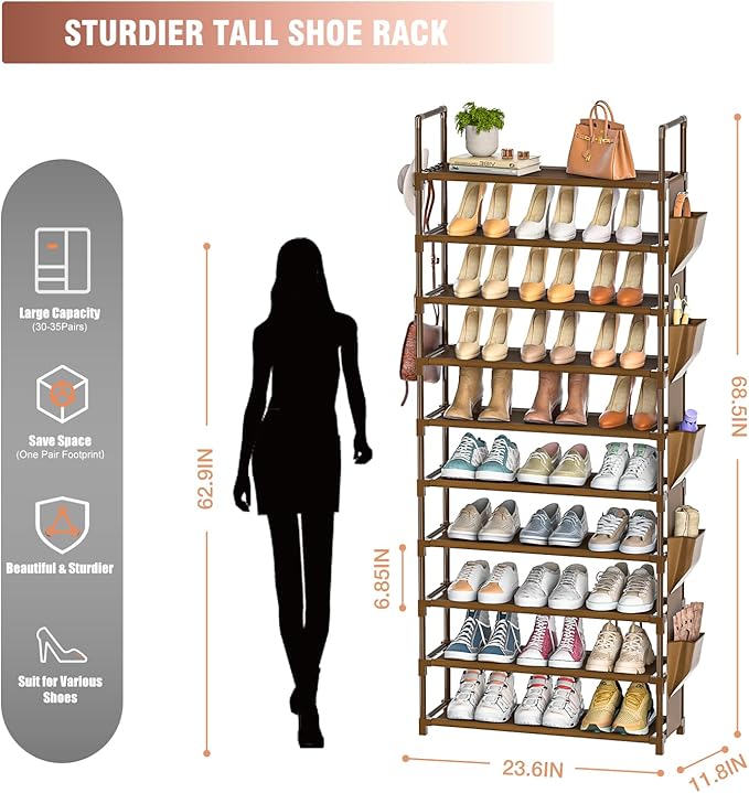 Tall Shoe Rack - 10 Tier Organizer for Closet, 30-35 Pairs, Large Capacity with 5 Hooks and Side Pocket, Sturdy Metal Shoe Shelf, Vertical Shoe Stand Tower