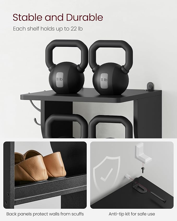 VASAGLE 7-Tier Vertical Shoe Rack, Narrow Shoe Storage Organizer with Hooks, Slim Corner Tower Shelf, Space-Saving for Entryway and Bedroom, Black ULBS200T16