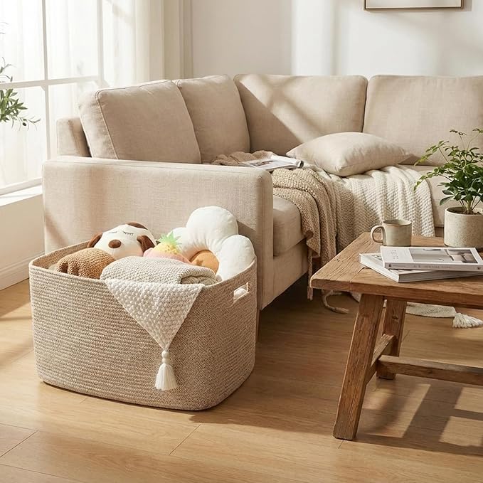 Woven Blanket Basket,65L Large Storage Bin for Blankets Toys Clothes,Decorative Rope Basket for Living Room Bedroom with Handles, Oatmeal