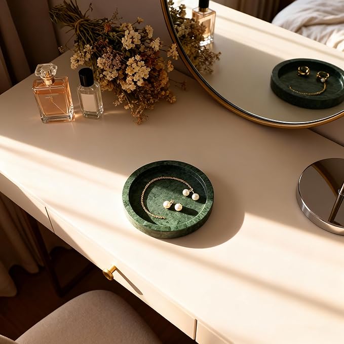 Natural Marble Tray for Rings and Jewelry Dish, 5.91 inch Round Decorative Tray for Kitchen, Vanity, Bathroom,Dressing Table, Bedside Table, Home Decor, Green (NS026)