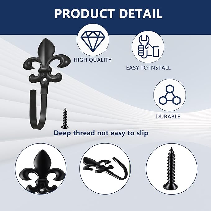 Wall Hooks, 4 Pack Decorative French Fleur De Lis Metal Hooks for Coat, Towel, Curtain Tie Back, Robe, Bag, Heavy Duty Gold Bronze Finish for Bathroom, Bedroom, Entryway(Black)