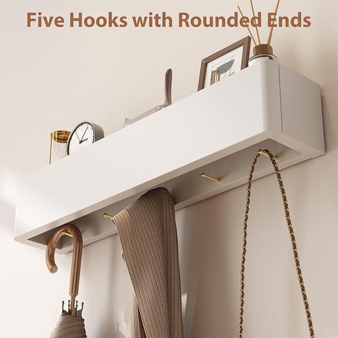 Solid Wood Wall Mounted Coat Rack with Shelf Hooks - Modern Floating Shelves with 5 Hidden Hooks, Heavy Duty Entryway Coat Key Holder Hanger for Hallway Bathroom Bedroom Home Decor