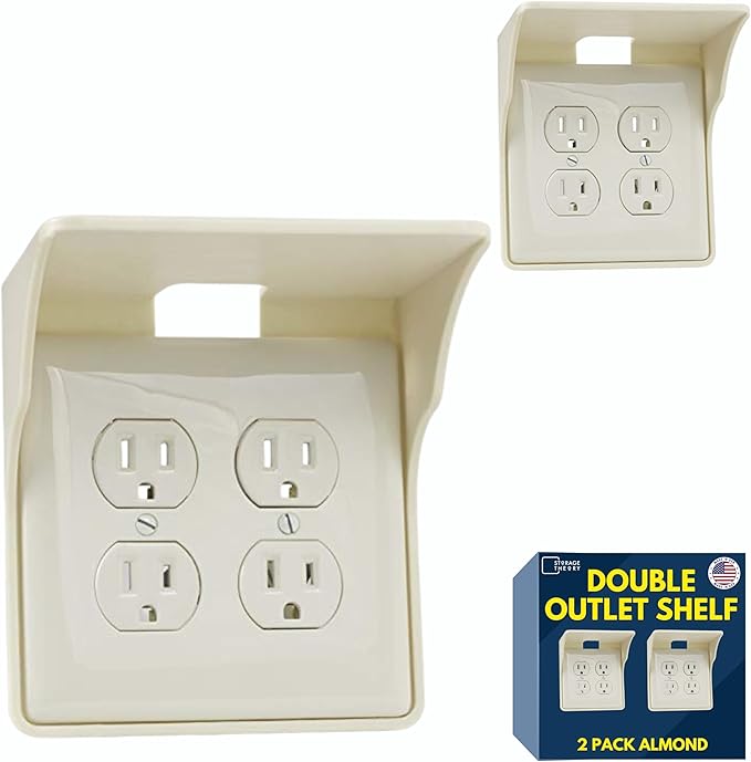 Power Perch Double Wall Outlet Shelf with Cord Storage Strap - Declutter & Reclaim Bathroom Counter Space - Alexa Stand, Apple Homepod Shelf, Toothbrush Holders Wall Mounted - Almond, 2-Pack