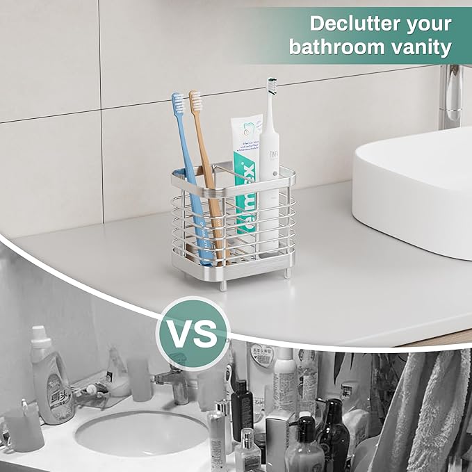 Countertop Toothbrush Holder for Bathroom, Stainless Steel Electric Tooth Brush Stand Storage Organizer with Drainage, Kids Toothpaste Holder Caddy, Silver Bathroom Sink Accessories Decor