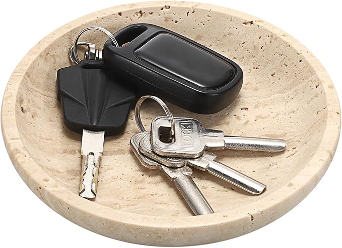 Hipiwe Small Key Bowl for Entryway, 5.5" Round Decorative Ring Holder Dish Natural Travertine Stone Trinket Tray Jewelry Dish Plate Candle Tray for Earring Necklaces Home Decor