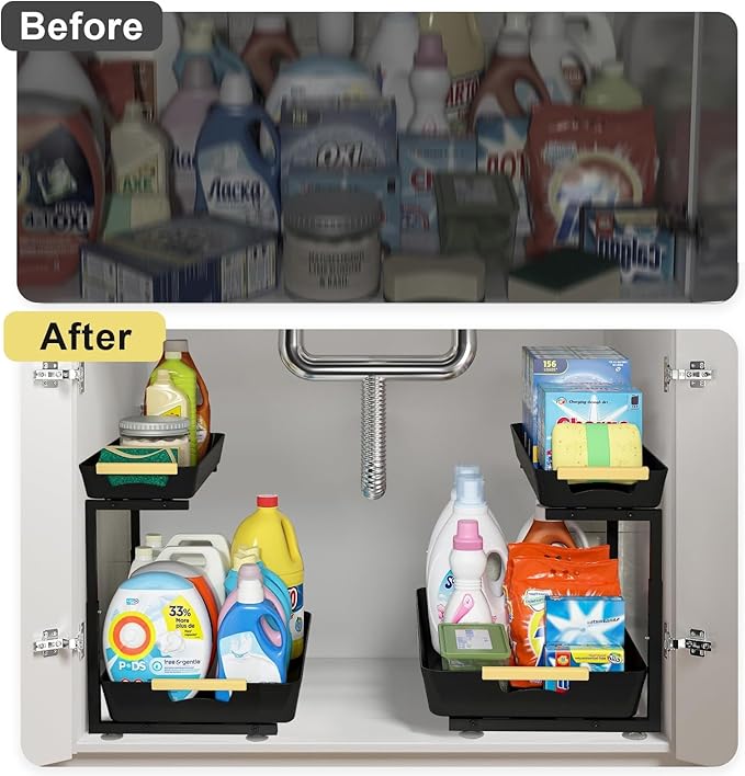 Under Sink Organizer,2 Tier Pull Out Adjustable Height Under Cabinet Storage,Under Sink Storage for Kitchen Bathroom Cabinet(1 Pack)