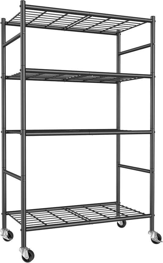 Storage Shelves Organizer - 4 Tier Metal Shelf Organizer with Metal Wheels and Adjustable Leveling Feet, Heavy Duty Garage Shelving for Kitchen, Pantry and Closet, 33.1"x12.6"x58.9", Black