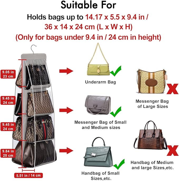 Lirex 2-Pack Handbag Hanging Purse Organizer for Closet, 8 Pocket Handbag Storage Organizer Hanger Oxford Cloth Closet Organizer for Family Closet Bedroom, Foldable and Universal Fit, Dark Brown