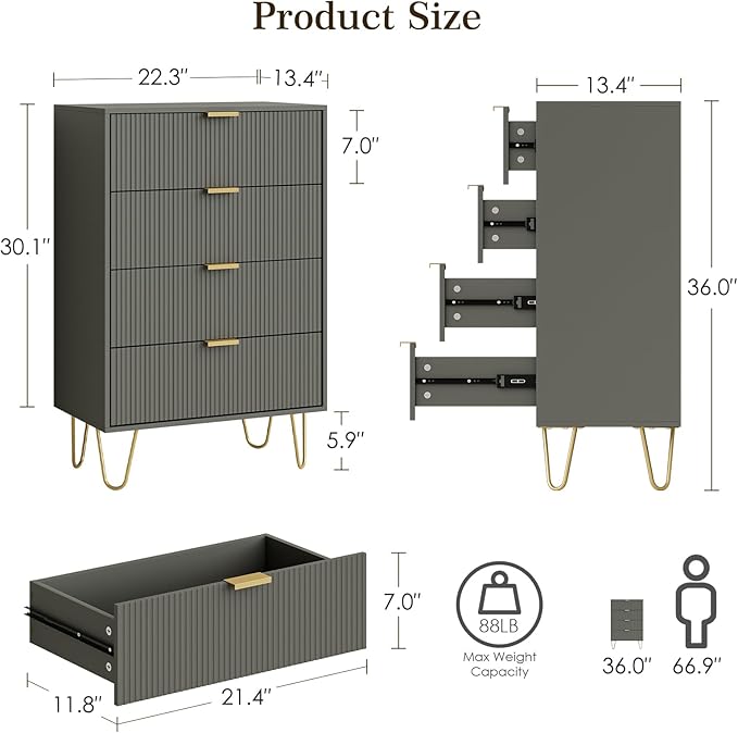 Masupu 4 Drawer Dresser, Drawer Chest, Tall Storage Dresser Chest Cabinet Organizer Unit with Gold Metal Legs, Nightstand for Bedroom, Living Room, Closet, Hallway Gray Stripe