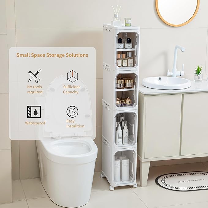 4-Tier Slim Narrow Storage Cabinet, Plastic Bathroom Storage Organizers for Bathroom White
