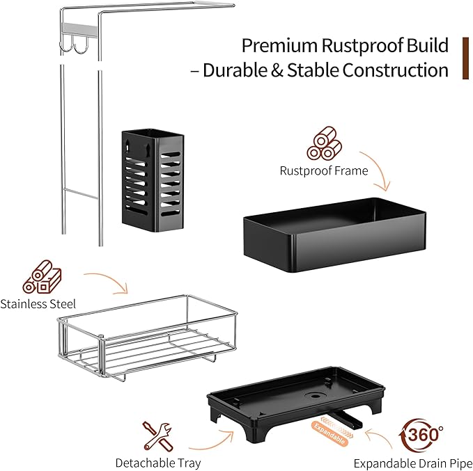 MOUKABAL Sponge Holder for Kitchen Sink, 2-Tier Sink Caddy Organizer with Drain Holes and Hooks, Holds Dishcloth, Sponge & Brushes, Kitchen Countertop Storage for New Home Essentials Black