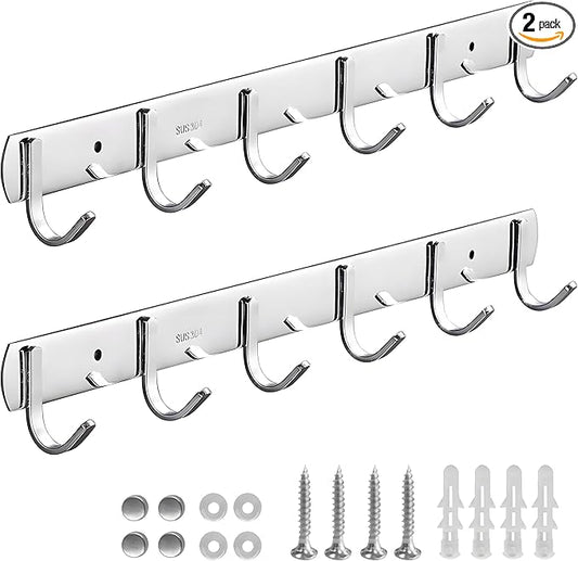 Coat Rack Wall Mounted - 6 Hooks, 304 Stainless Steel, Metal Coat Hook Rail for Coat Hat Towel Purse Robes Mudroom Bathroom Kitchen Entryway (Silver, 2 Packs)