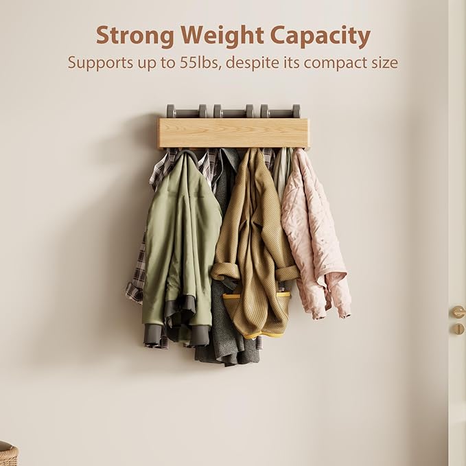 Solid Wood Wall Mounted Coat Rack with Shelf Hooks - Modern Floating Shelves with 5 Hidden Hooks, Heavy Duty Entryway Coat Key Holder Hanger for Hallway Bathroom Bedroom Home Decor