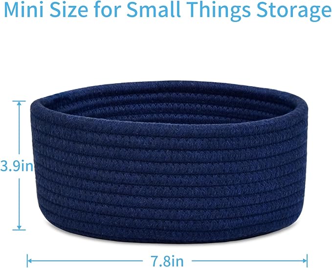 ABenkle Small Woven Basket, Empty Tiny Shallow Storage Basket, Mini Cotton Rope Baskets, Round Decorative Hamper, Basket Storage Bins for Toys, Spa, Socks, Nursery, Living Room