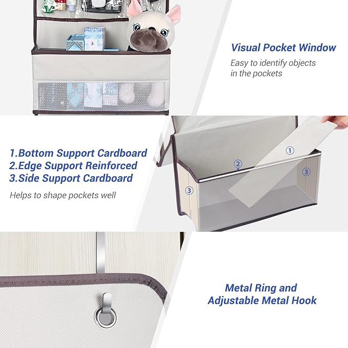 NesTidy Over The Door Organizer Storage 6 Layers, Wall Mount Hanging Organizer with 5 Large Pocket Organizers and 3 Small Pockets for Baby Essentials, Toys, Cosmetics, and Sundries (Beige, 1 Pack)