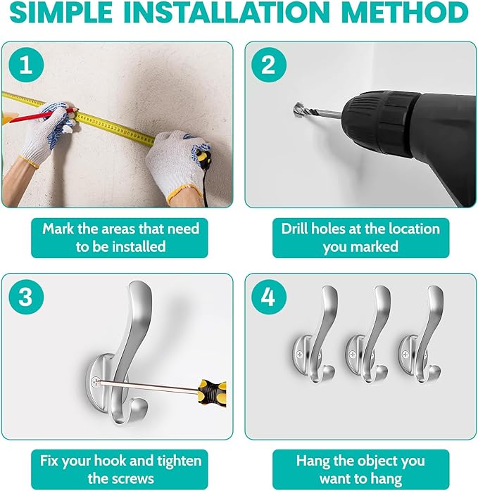 Coat Hooks Heavy Duty - Easy to Install Metal Towel Hooks Fashionable Wall Hooks for Hanging Hat, Towel, Key, Robe, Scarf, Bag, Cap (10 PCS Silver)