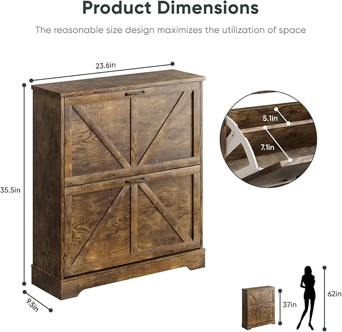 Shoe Cabinet, Shoe Storage Cabinet for Entryway with 2 Flip Drawers, Narrow Farmhouse Shoe Organizer Cabinet, Slim Shoe Rack Cabinet, 31.5 in Rustic Brown