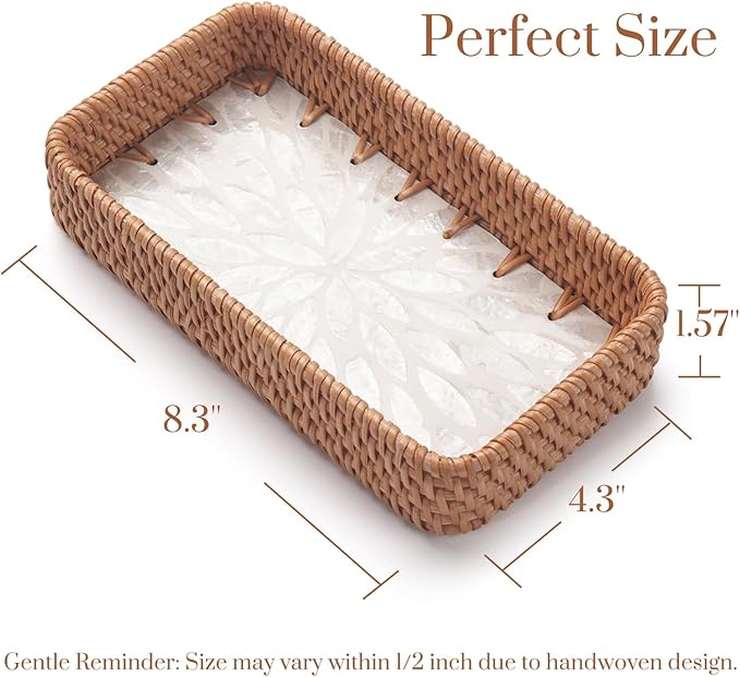 YANGQIHOME Jewelry Tray, Rattan Jewelry Organizer with White Leaf Base â Decorative Jewelry Organizer Dish for Rings, Watches, Keys â Ideal for Bedroom, Living Room, Entryway, Natural