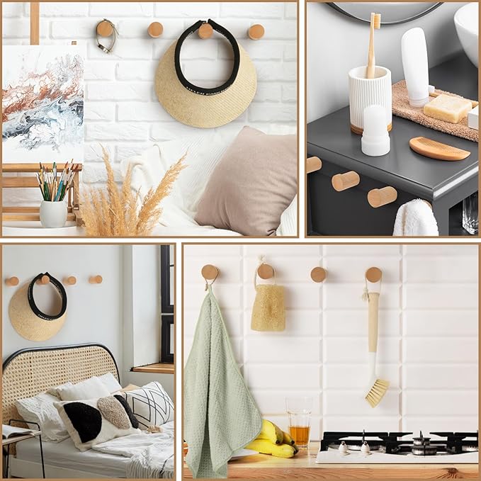 4 Pack Wood Hooks Wooden Coat Hat Hooks Natural Modern Home Decorative No Damage Adhesive for Bathroom Entryway Wall Towels Wallets Clothes Space Saving Gift (Beech)