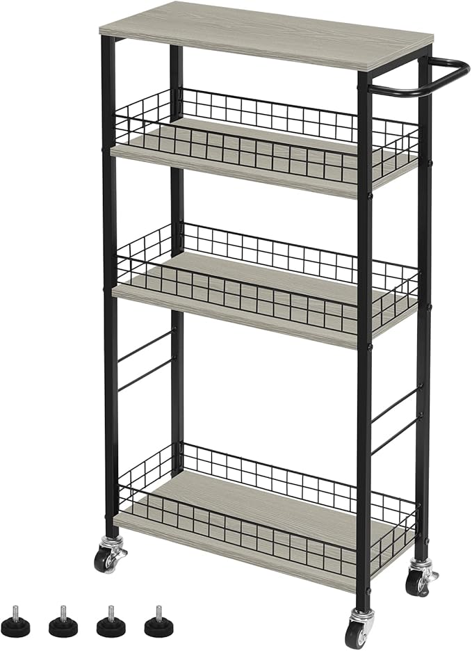 YBING Slim Storage Cart 4 Tier Narrow Rolling Cart on Wheels Mobile Kitchen Narrow Cart with Wooden Tabletop Grey Slim Utility Kitchen Storage Cart with Handle for Living Room 7.3''Wide