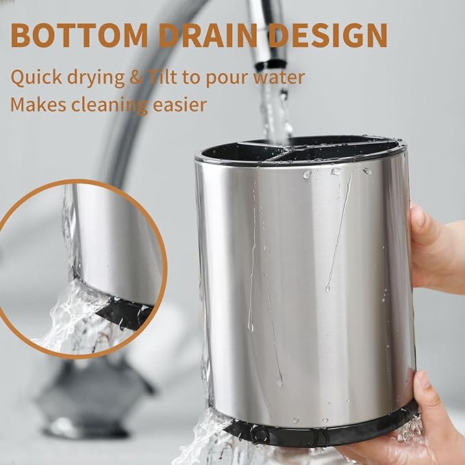 Extra Large Kitchen Utensil Holder, 360° Rotating Stainless Steel Cooking Utensil Holder for Countertop, 3 Compartment Flatware Organizer & Cooking Caddy with Removable Base（Silvery）