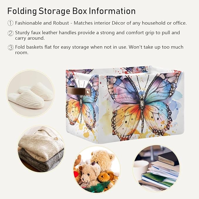 Storage Basket Watercolor Colored Butterfly Durable Canvas Collapsible Toy Box Organizer Bin with Handles for Shelf Closet Bedroom Home Office