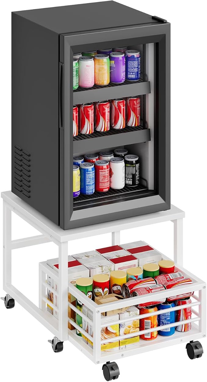 HOOBRO Mini Fridge Stand with Movable Storage Basket, Mini Fridge Cabinet with Wheels and Adjustable Feet, Sturdy Metal Frame, for Kitchen, Living Room, Office, White WW155TL01