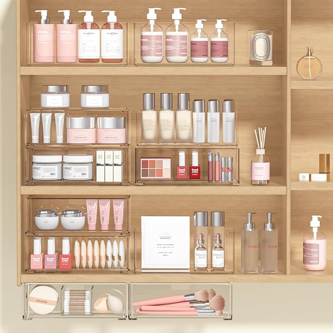 Bathroom Drawer Organizer Stackable Storage Drawers Clear Plastic Storage Bins Medicine Cabinet Organizer Makeup Organizers w Removable Divider Home Workspace Office Desktop Vanity Gift Idea 2Pack