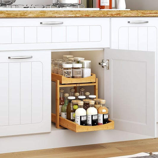 Bamboo Under Sink Organizer and Storage, 1 Pack Pull Out Cabinet Organization, 2 Tier Vertical Slide Out Undersink Storage Shelf, Multi-Purpose Organizer Shelves for Kitchen Bathroom Medicine