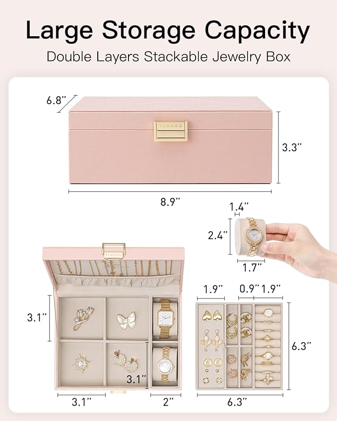 Vlando 2 Layer Jewelry Box Large Jewelry Organizer for Women Removable Jewelery Tray with Watch Pillow for Necklace Earrings Rings Bracelets Jewelry Boxes for Christmas Gifts Mother's Day Gifts (Pink)