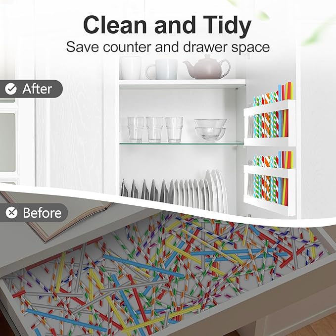2 Pack 9.5” Large Acrylic Straw Holder for Cabinet Door with Detachable Ultra Sticky Adhesive Squares and Stickers, 2026 Reusable Straws Organizer Storage Dispenser for Kitchen Counter Cupboard