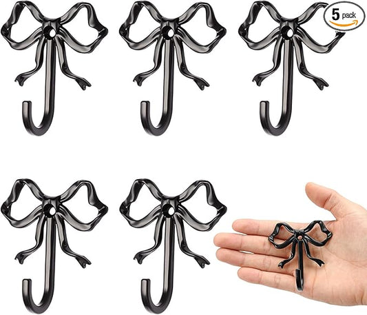 5 Pcs Gold Bow Hooks, Bow Hooks for Wall, Bow Decoration Hook,Decorative Hook, Suitable for Room, Bathroom, Love Shack Fancy Decor（Black）