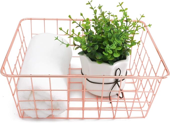 Metal Wire Storage Basket with Handles for Kitchen Food Pantry Papers Home Office Desk Bathroom Laundry Room Bedroom Bed Room Organizer, Rose Gold