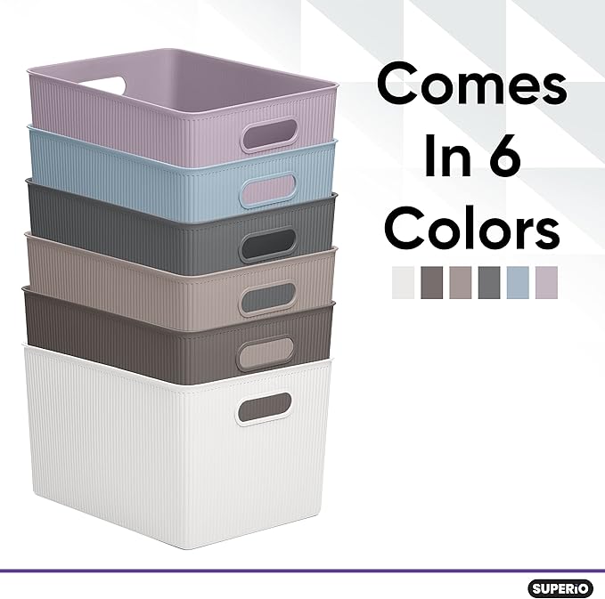 Superio Ribbed Collection - Decorative Plastic Basket Open Home Storage Bins Organizer, X-Large Taupe (6 Pack) Container Boxes for Organizing Closet Storage Bins for Shelves 22 Liter/23 Quart