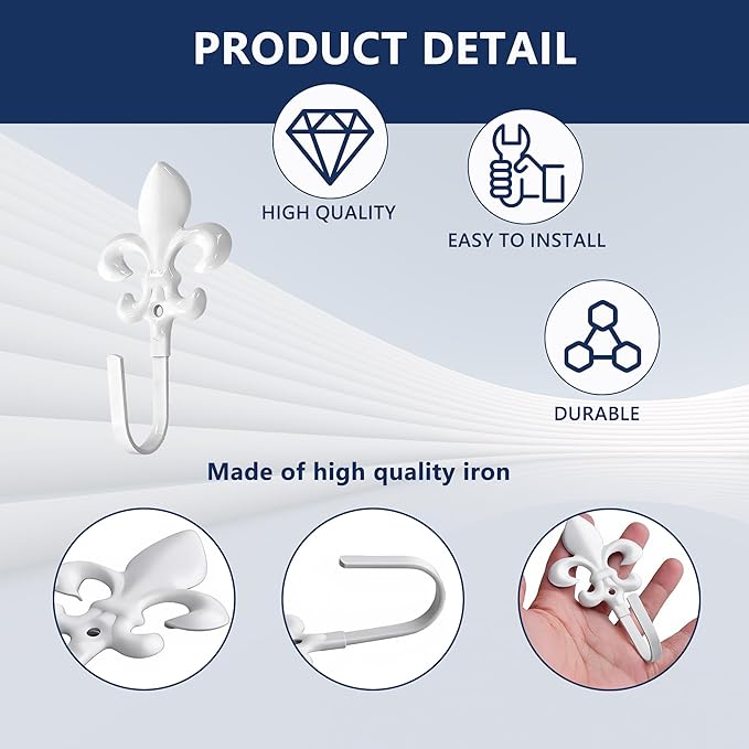 4 Pack Vintage French Fleur De Lis Decorative Wall Hooks, Heavy Duty Metal Curtain Tie Backs for Hanging Coats, Towels, and Robes, Wall Mounted Hangers for Entryway & Bathroom (White)