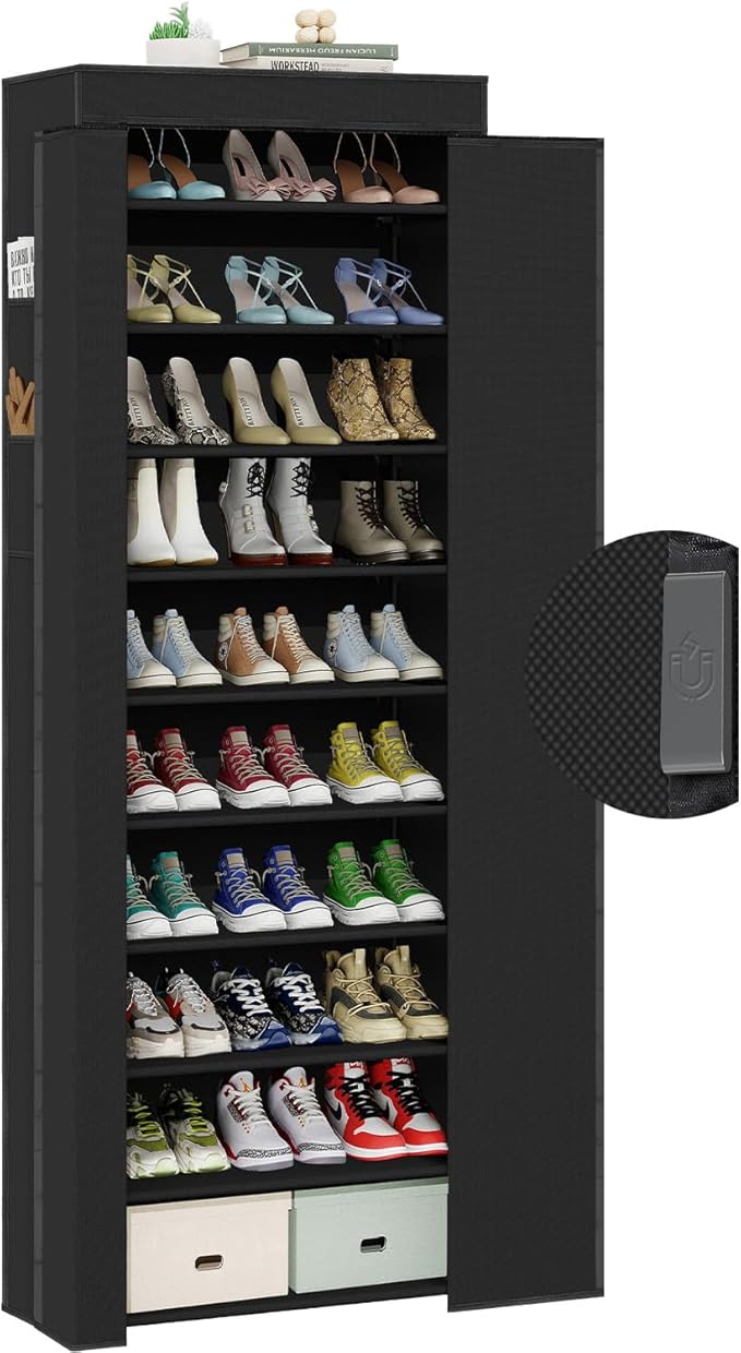 Shoe Rack with Cover, Tall Shoe Rack with Magnetic Closure Cover, 10 Tier Shoe Organizer Storage for 34-37 Pairs Shoes and Boots Large Capacity Shoe Cabinet for Closet, Entryway, Dorm, Garage