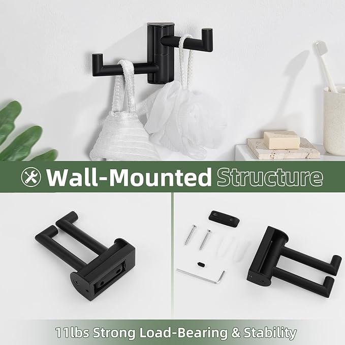 Matte Black Swivel Towel Hook 2 Arms, 304 Stainless Steel Bathroom Double Towel Holder, Wall Mounted