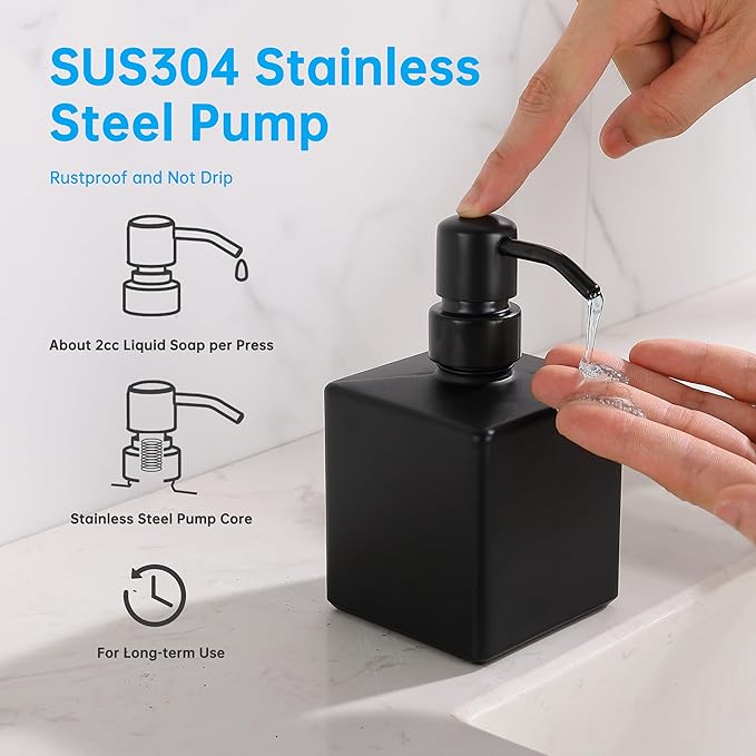 Square Bathroom Soap Dispenser All Black, 8.4 oz Glass Bottles with Stainless Steel Pump Retangle Cube Liquid Soap Dispenser Hand Kitchen