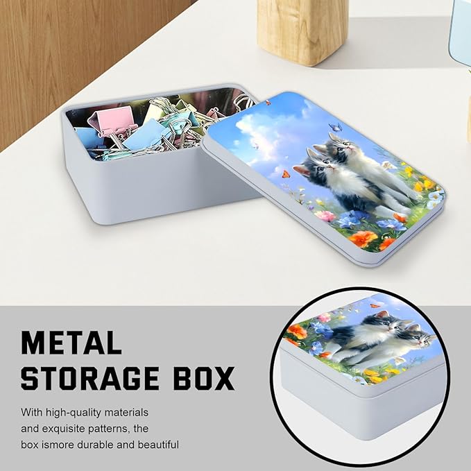 Metal Tin Box with Lid,Multi-functional Storage Box Can Store Tea Biscuits Game Cards, Playing & Tarot Cards-Comes with 4 Magnetic Cord Clips,Kittens with Butterflies