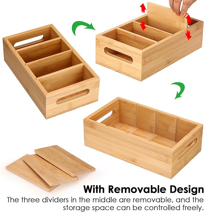 BSTKEY Seasoning Packet Organizer, Food Storage Organizer with 4 Removable Dividers, Bamboo Storage Caddy for Pantry Kitchen Cabinet, Kitchen Organization Bin with Handle for Snacks Spice Packets