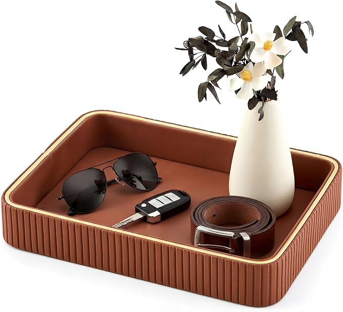 PU Leather Valet Tray 11 x 8 x 1.75 Inch Desktop Storage Organizer Catchall Bedside Table Tray Nightstand Caddy Holder for Men Women Gift for Key Bowl Wallet Phone Coin Vanity Perfume