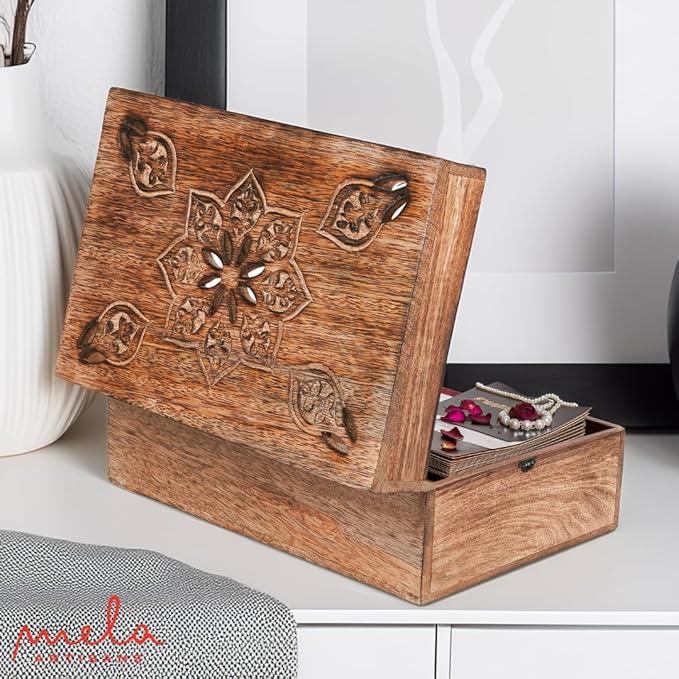 Mela Artisans Wooden Keepsake Box | Burnt Mango Wood Memory | Photo Storage Box with Hinged Lid | Decorative Storage Box | Extra Large | 10.5x7.5x4 Inch