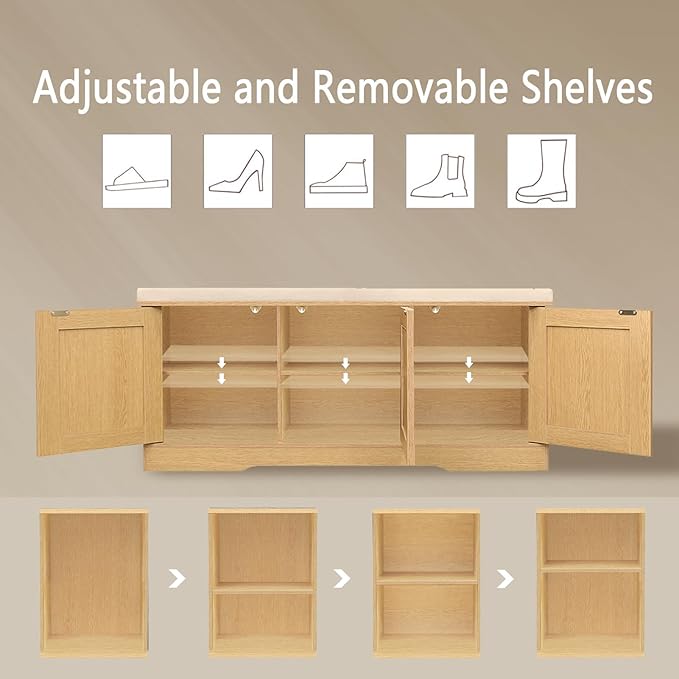 DINZI LVJ Shoe Bench, Entryway Storage Bench with Doors, Cushion, 2-Tier Shoe Rack with 6-Cubby, 39.4”L x 13.8”W Shoe Organizer Cabinet, Adjustable Shelf, Living Room, Bedroom, Natural with Rattan