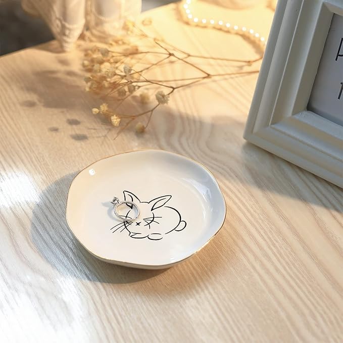 HOME SMILE Bunny Ring Dish,Rabbit Jewelry Tray,Easter Gifts for Women,Ceramic White,4"