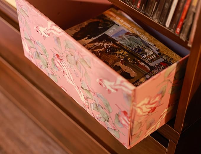 Decorative Storage Box with Lid, Foldable, Pink Floral, Metal Label Frame, Vintage, Cardboard Paperboard Keepsake box, Photo Storage for Memory, Home Decor, knick-knacks and Wool Organizer