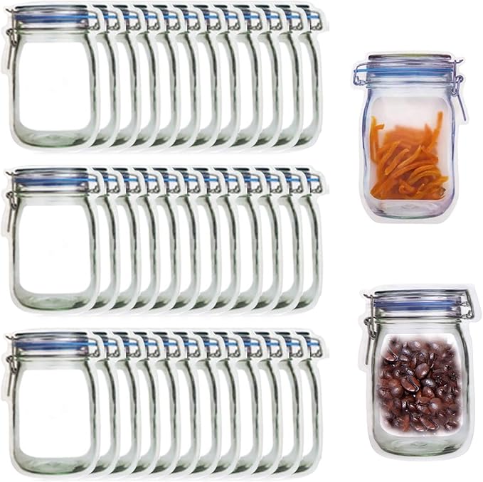 Enkrio 36 Pack Mason Jar Zipper Bags, Reusable Airtight Seal Food Bag Leakproof Nuts Candy Cookies Bag for Travel Camping